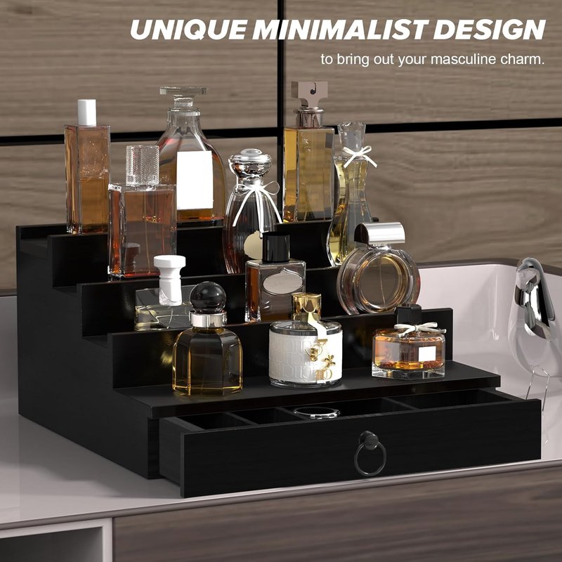 Cologne Organizer for Men - 4-Tier Black Wood Perfume Holder with Felt Lining & Hidden Compartment | Perfect Gift Idea