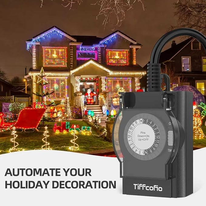 TiFFCOFiO Outdoor Timer Outlet Waterproof, 24 Hour Mechanical Light Timer Outdoor, 2 Grounded Outlets for Home and Garden, 15A 1/2HP, Heavy Duty, ETL Listed (2 Pack)