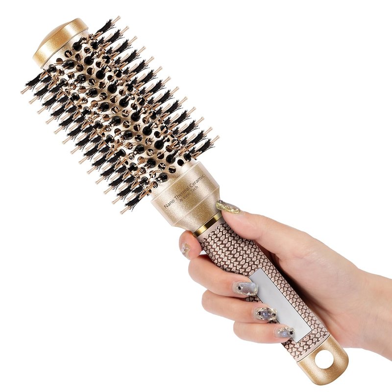 SIMPOR Round Hair Brush - Nano Thermal Ceramic & Ionic Tech | 1.3 Inch Gold Boar Bristles for Blow Drying & Styling