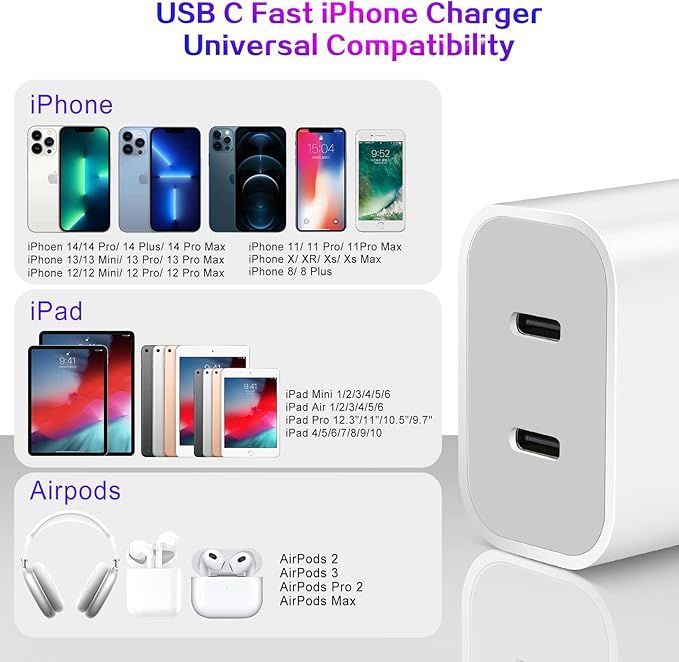Phone Charger - 2Pack USB C Fast Charging Block, 4Pack USB C to Lightning Cable for iPhone 14/13/12/11/X/XR/SE