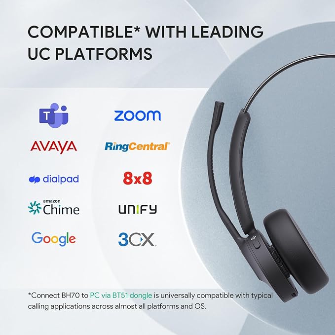 Yealink BH70 Mono Wireless Bluetooth Headset with Microphone for Work, up to 35h Talking, Native Bluetooth via Microsoft Teams Certified, Compatible with Cisco Webex & Jabber, Zoom, Google Meeting