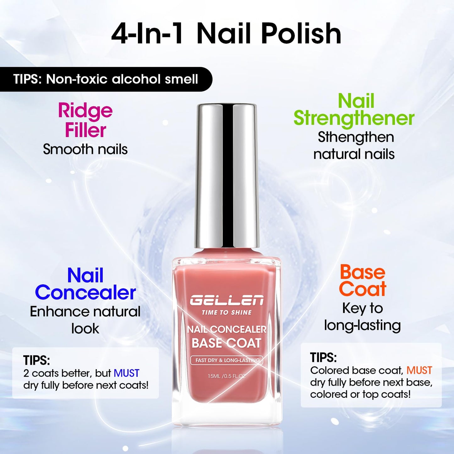 GELLEN 4-In-1 Illuminating Nail Concealer Base Coat Polish Dusty Rose Pink, Sheer Nail Strengthener Ridge Filler for Nails, Calcium Formula Smoothes Strengthens Nails, Quick Dry, Hema Free, Non-toxic