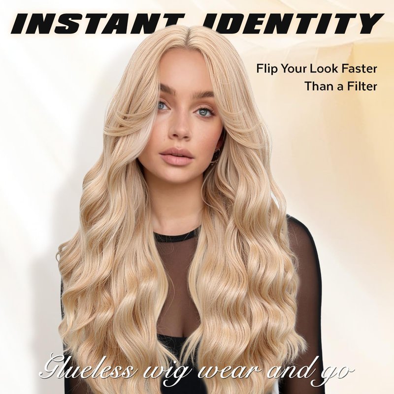 WIGNEE Lightweight Long Wavy Wig with Curtain Bangs for Women – Natural Looking Blonde Synthetic Wig for Daily Wear, Beginner Friendly Heat Resistant Fashion WigGlueless Wear and Go