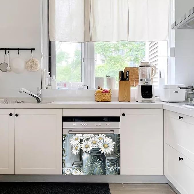 Country Daisies Dishwasher Magnet Cover for The Front, Still Life White Flowers Reusable Magnetic Dishwasher Sticker, Vintage Vase Floral Kitchen Appliances Panel Decal (23" x 17" Magnetic)