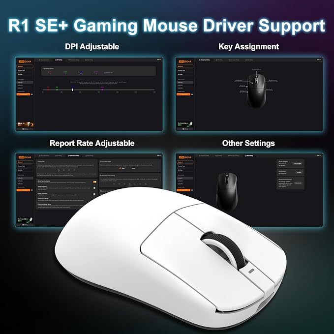 MIKIBY R1 SE+ Wireless Gaming Mouse, 18000 DPI,PAW3395 SE Sensor,55g Lightweight,Tri-Mode 2.4G/BT5.0/USB-C Mouse, Programmable Ergonomic Mice Suitable for Laptops/PC/Mac (White)