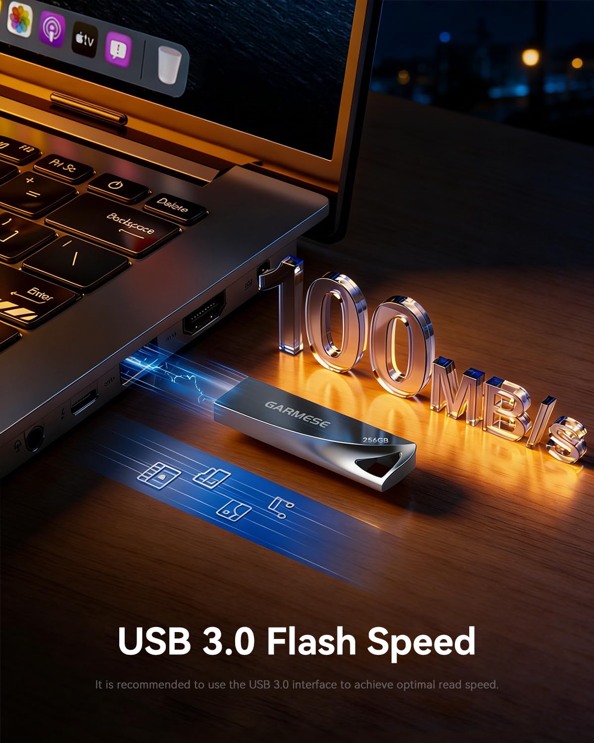 GARMESE 256GB USB 3.0 Flash Drive, Metal Waterproof USB Drive, Durable Slim Thumb Drive with Keychain, Plug & Play Memory Stick for PC, Laptop, Car Audio