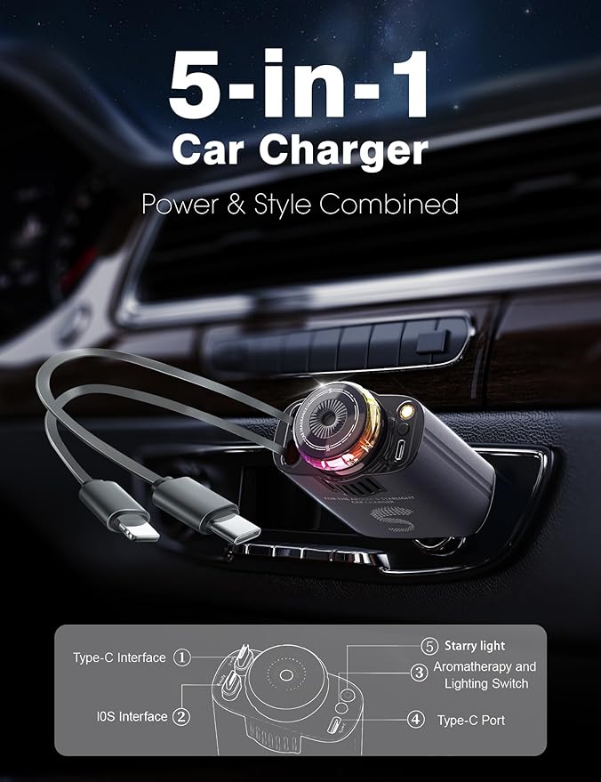 Retractable Car Charger USB C Fast Charging 120W, Car Accessories Cigarette Lighter Adapter with Aromatherapy Starlight, Car Charger iPhone16 15 14 13 12 11 Essentials Gifts for Traveler, Men, Women