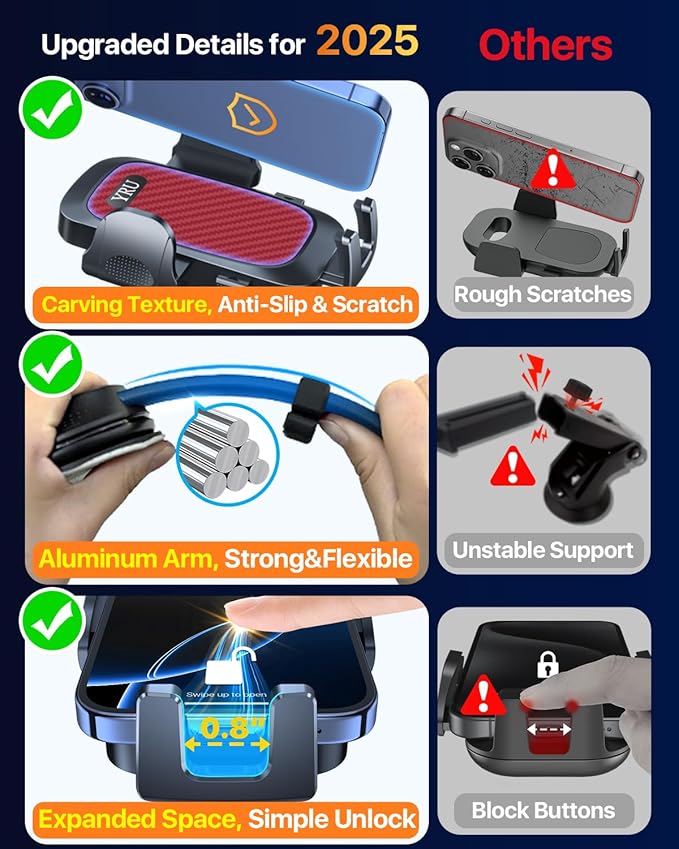 YRU [2026 Ultimate Car Phone Holder Mount [Bendable & Adjustable Aluminum Arm] Cell Phone Holder for Car Dashboard Windshield Phone Stand for iPhone 17 16 15 14 Pro Max Samsung Pickup Truck,Tomato Red