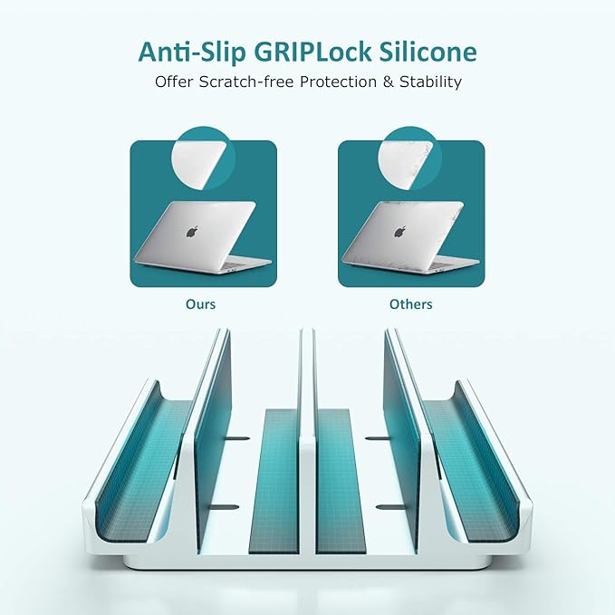 Nukoi Vertical Laptop Stand - SPACEMax Adjustable GRIPLock Anti-Tip Silicone 4 Slots Aluminum Desktop Holder - Double Dock Stand - 2 Phone Slots Fits Up to 17.3” Laptops, Tablets, Phones - Silver