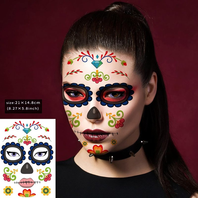12 Sheets Halloween Face Tattoos - Day of the Dead Sugar Skull Designs | Large Temporary Tattoos
