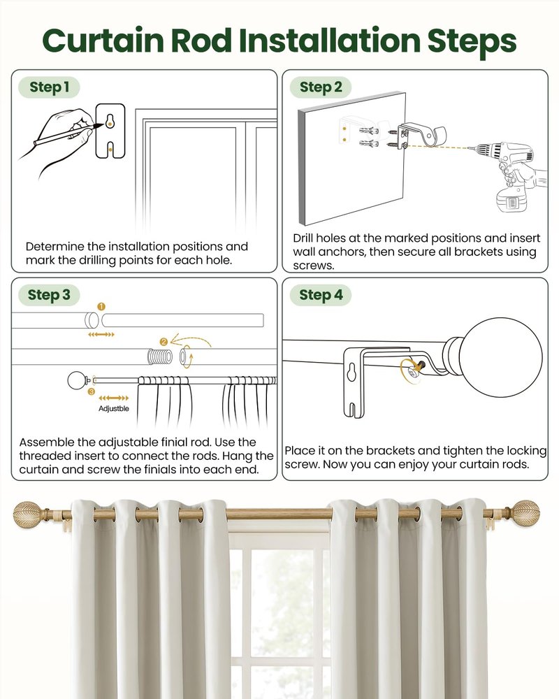 OICIPT Boho Wood Curtain Rods for Windows 48 to 84 Inch, 1" Adjustable Curtain Rod with Imitation Wooden Grain Finials, Decorative Heavy Duty Rustic Farmhouse Drapery Rods, 36-88'', Weathered Wood