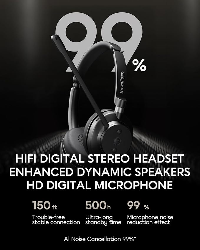 Wireless Bluetooth Headset with Microphone for Work, Bluetooth 5.3, Noise Reduction Mic with HD Voice, Hi-Fi Stereo Sound, Lightweight & Comfortable Design for PC, Laptop, Phone, Call Center, Home
