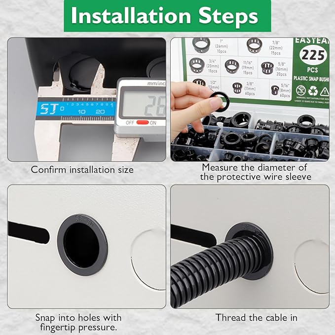 EASYEAH 225 Pcs 8 Sizes Cable Snap-in Knockout Insulating Bushing Grommets Assortment Kit, 5/16, 3/8, 1/2, 5/8, 11/16, 3/4, 7/8, 1 Black Nylon Plastic Hole Grommets for Wiring, Cord Hose & Tubing