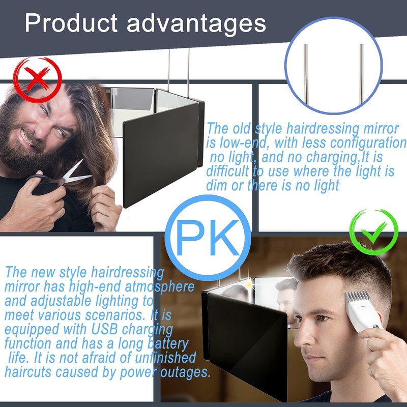 JANMPASK LED 3 Way Mirror Trifold to See Back of Head for Self Hair Cutting Barber Supplies Accessories 360 Makeup Vanity Mirror with Light