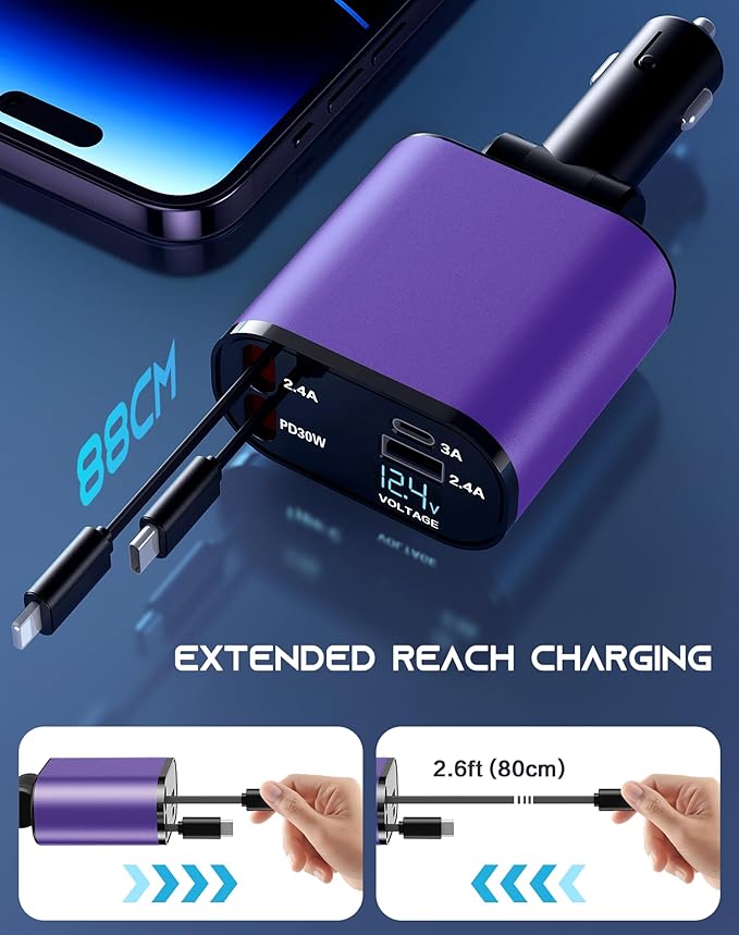 Mifanstech Retractable Car Phone Charger, 4 in 1 Fast Charge Car Phone Charger with 2 Retractable Cables(2.6ft) and 2 USB Ports, Compatible with iPhone15/14/15 Pro Max,Samsung (Purple)