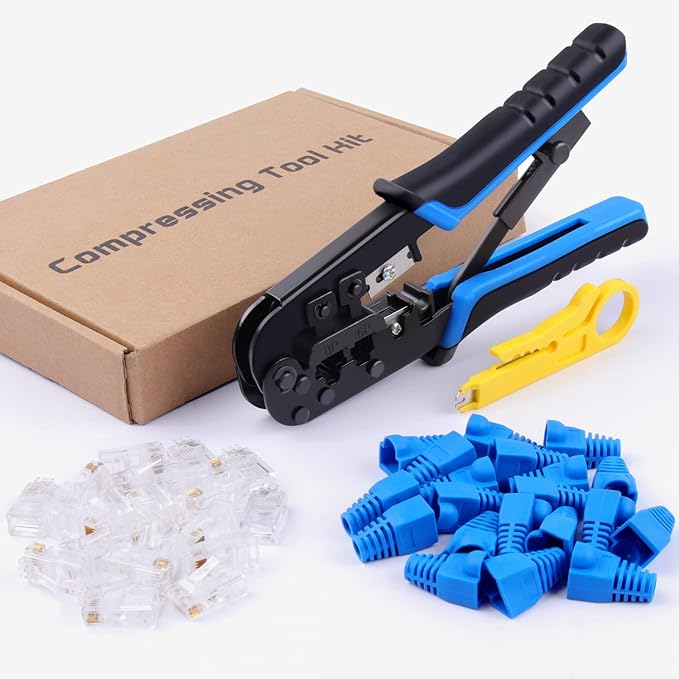 Delgada RJ45 Crimp Tool, Ethernet Crimper for RJ-11,6P/RJ-12,8P/RJ-45 Crimp, with 20pcs Cat5 Cat5e RJ-45 Connectors-20PCS Covers-1 Network Wire Stripper