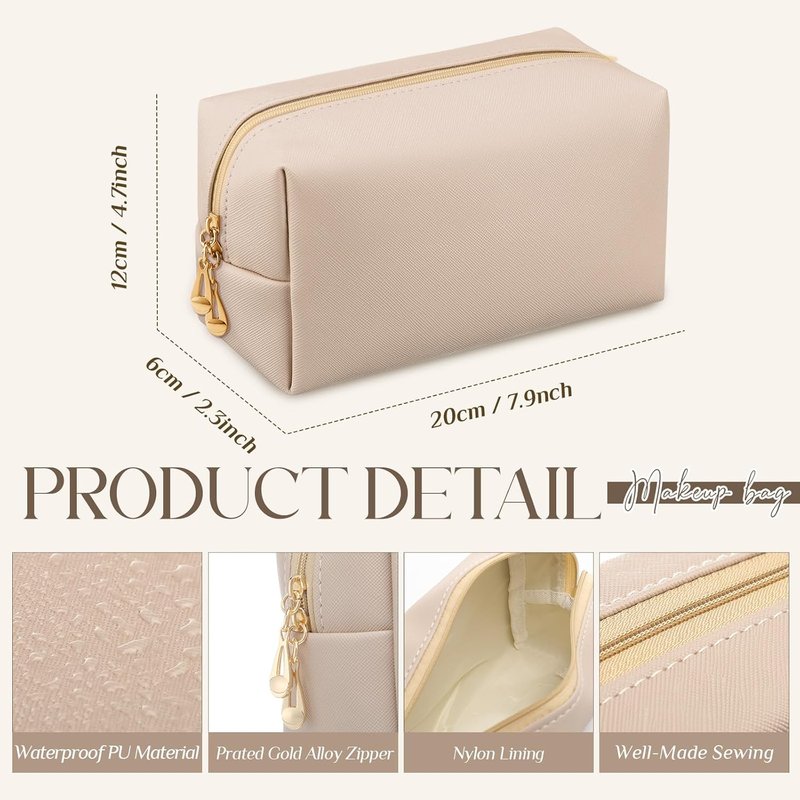 Aesthetic Makeup Bags - PU Leather Waterproof Cosmetic Pouches for Women | Travel Organizer (Nude, 7.1 x 2.8 x 4.3 in)