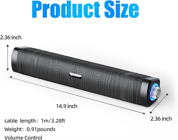 Uakinat USB Computer Speakers,Computer Speakers with 3.5 mm aux,Wired USB Powered & Colorful LED Lights with Switch Button,Surround Sound Portable SoundBar for Monitor Laptop Phone(Black)