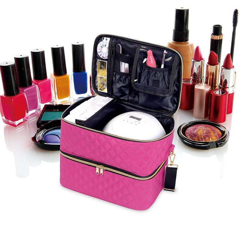 UOZL Nail Polish Organizer Case Holds 40 Bottles(15ml/0.5fl.oz) and Nail Lamp, Double Layer Nail Polish Storage with Adjustable Dividers,Portable Carrying Bag for Nail Kit, Manicure Tools Rose Red