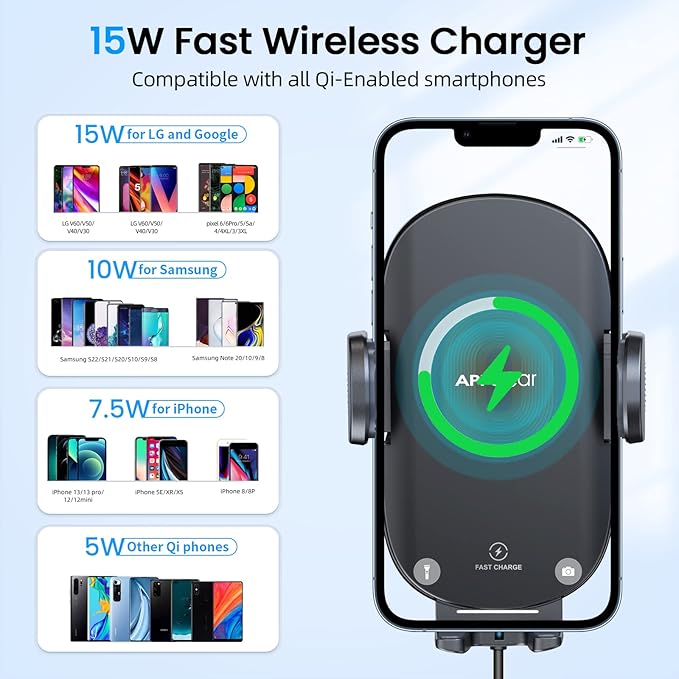 APPS2Car Cup Holder Phone Mount Wireless Car Charger, 15W Qi Fast Charging Car Mount, Adjustable Long Arm & 360° Rotation, Fits 3"–4" Round Cup Holders Compatible with All Smart Phones