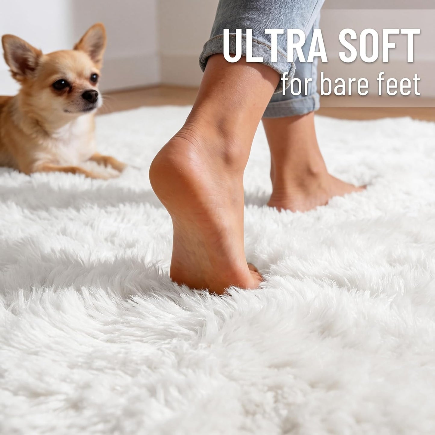 OLANLY 5x5 Area Rug - Soft, Fluffy Shaggy Design for Living Room & Bedroom | Machine Washable, White