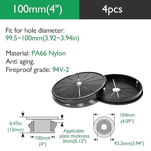 EASYEAH 4PCS Cable Grommets, 4" (100mm) Desk Hole Cover Petal Shaped Buckle Type Nylon Snap Bushing Grommet, Wire Hole Cover Insert for Cables and Cords Management and Protection of Cabinet, Black