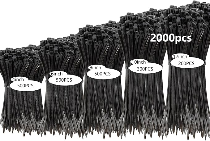 MasiStranth 2000 PCS Zip Ties Assorted Sizes 4+6+8+10+12 Inch Self-locking Nylon Cable ties Outdoor, UV Resistant Wire Straps for Home Office Garden Workshop Indoor Outdoor Fence(Black)