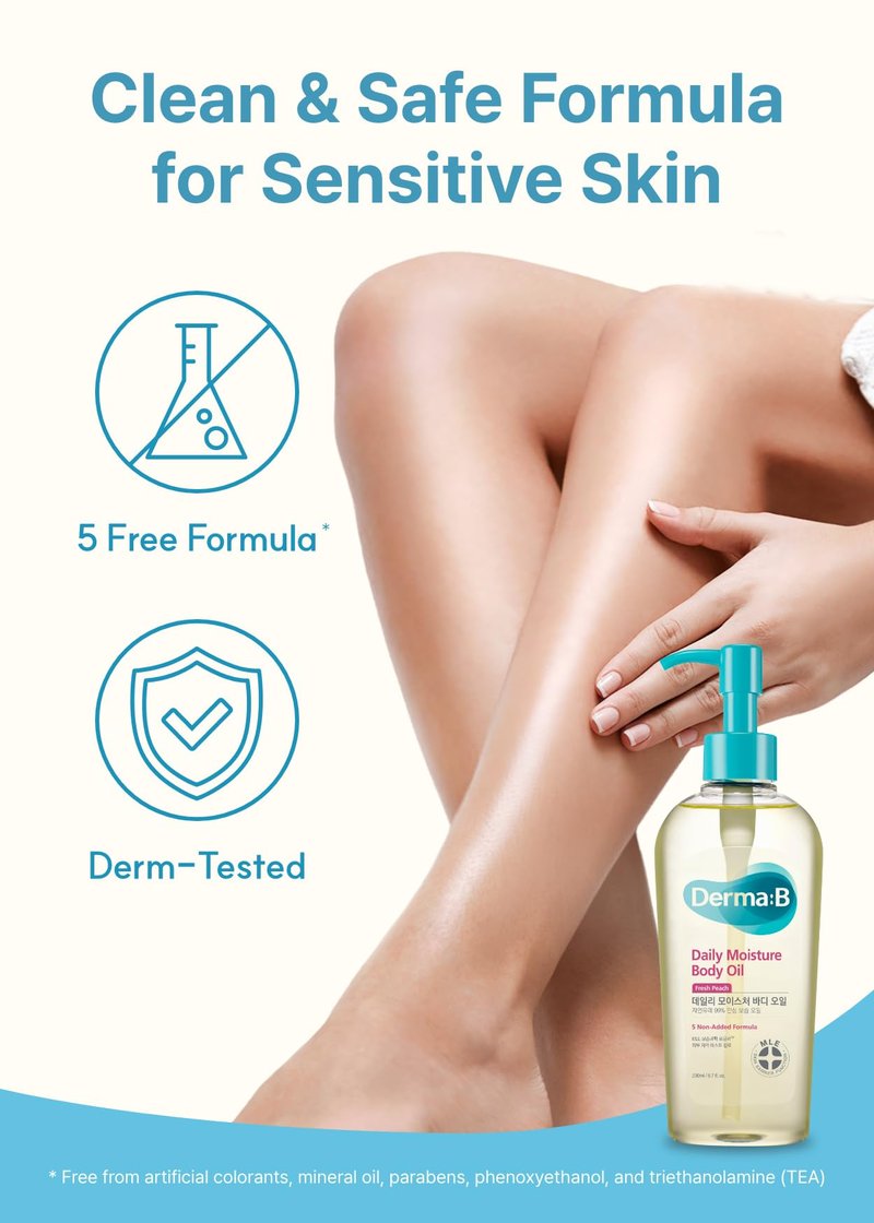 Derma B | Daily Moisture Body Oil | 99% Natural Argan & Sweet Almond Oil | Shower Oil for Dry Sensitive Skin | Light & Long-Lasting Hydration | Skin Body Care Oil with Peach Scent | 6.78 fl oz (200ml)