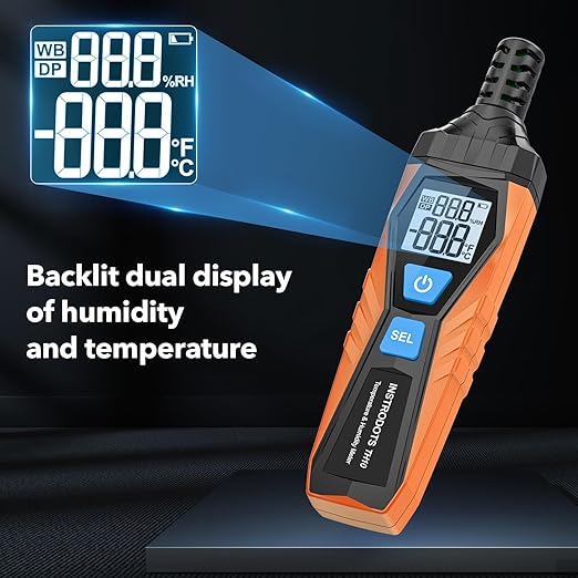 INSTRODOTS Temperature Humidity Meter, High Precision Thermometer Hygrometer with Ambient, Dew Point, Wet Bulb Thermometer, Dual Display Temperature & Humidity with LCD Backlight, TH10