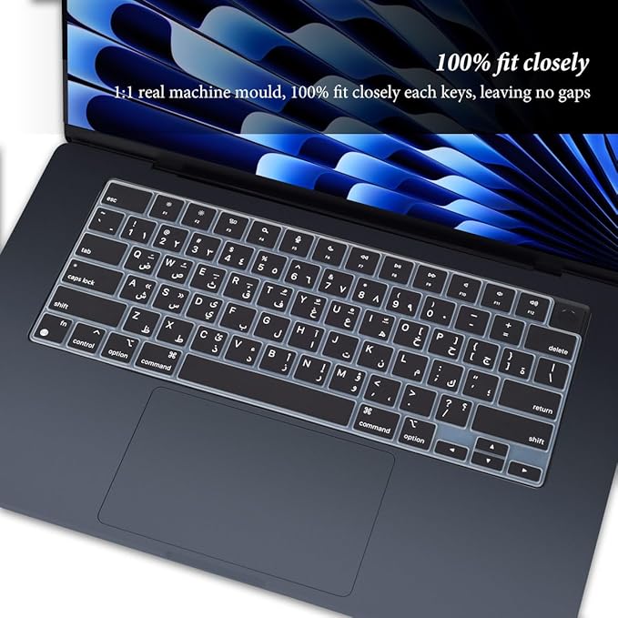 Arabic Keyboard Cover Skin for Apple 2026 2025 2024 2023 2022 MacBook Air Laptop with M5 M4 M3 M2 chip 15.3 inch A3448 A3241 A3114 A2941/MacBook Air 13.6 inch A3449 A2681 A3113 A3240 Protector-Black