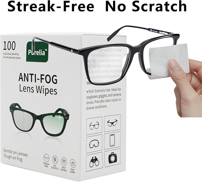 PureliaAnti-Fog Lens Wipes, 100 Count | Pre-Moistened Individually Wrapped Lens Care Cloths for Eyeglasses, Goggles, Camera Lenses & Screens