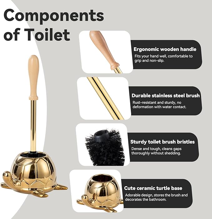 Turtle Base Toilet Brush Set - Gold Ceramic Toilet Scrubber Brush 7.5â Bowl Cleaner with Ergonomic Handle, Mini Cute Bathroom Cleaning Brush - Bathroom Decor