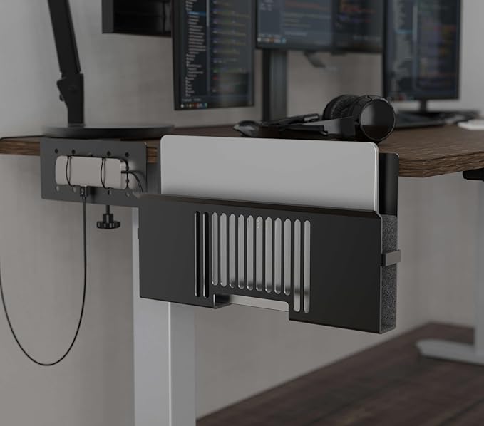 HAVYO Vertical Side-Mount Laptop Holder Bracket for Desk Storage -fits: Dell/Acer/ASUS/XPS/MacBook/Surface/Lenovo/HP/Gaming Laptops (up to 16 inches) (Perforated Steel, Alloy Steel)
