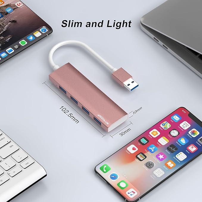 ANYPLUS USB Hub, USB 3.0 Hub Aluminum Alloy Ultra Slim USB Splitter, Portable 4 Port USB Extender, USB Hub for Laptop, PC, MacBook, iMac, Surface Pro, Mac Pro, Flash Drive, XPS 【Pink】