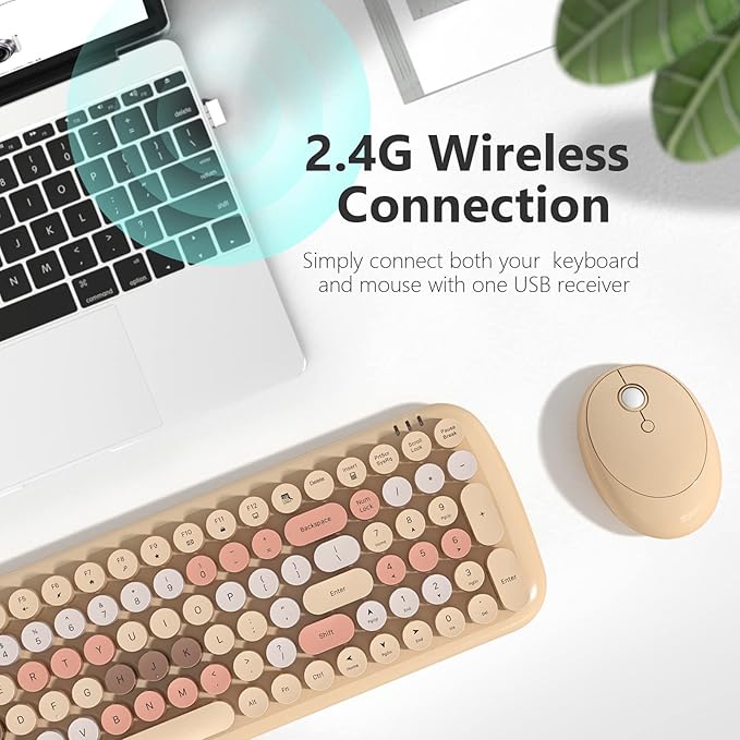 KNOWSQT Wireless Keyboard and Mouse Combo, Light Milktea 100 Keys 2.4 GHz Round Keycap Typewriter Keyboards, USB Receiver Plug and Play, for Windows, PC, Laptop, Mac, Desktop