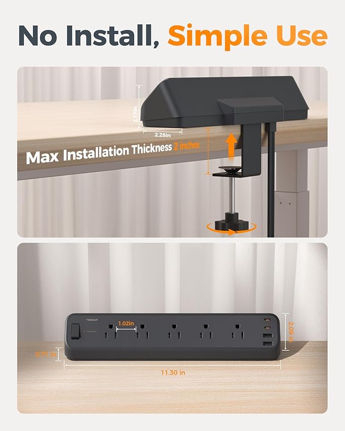 TESSAN Desk Clamp Power Strip 6 Ft, 2100J Surge Protector Desk Charging Station, 5 Outlets with 4 USB Ports (2 USB C), Flat Plug Extension Cord with Multiple Outlets for Home Office Dorm Room, Black