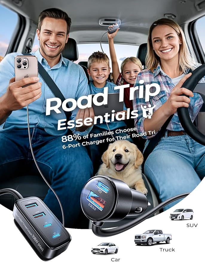 AINOPE 108W Multiple Ports Car Charger, Cigarette Lighter USB Charger, PD&QC Car Charger Adapter Fast Charging for iPhone 17 [+5FT Cable], 12V Road Trip Essentials for Kids, Car Accesories