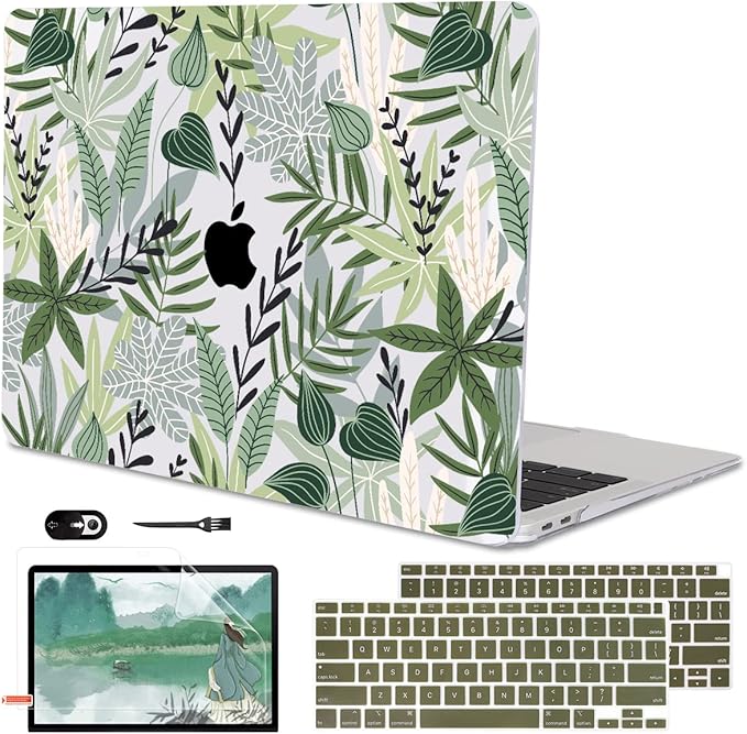 LCMOCICO for MacBook Air 13 inch Case 2021 2020 2019 2018 for Mac A2337 M1 A2179 A1932 Cover with Touch ID, Crystal Plastic Hard Shell Case Keyboard Skin Screen Protector, Tropical Green Leaves