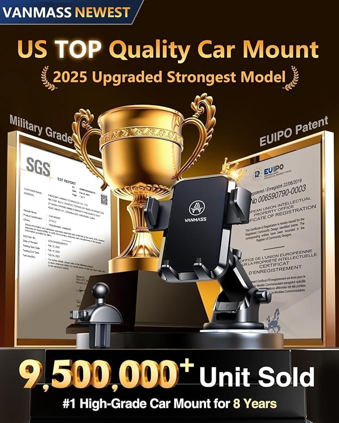 VANMASS Phone Holders for Your Car Ultimate Phone Mount Military-Grade Windshield Dashboard Vent【Newest Best Strongest】 Cell Phone Car Mount for iPhone 17 Pro Max 16 15 Samsung Android, Clear Black