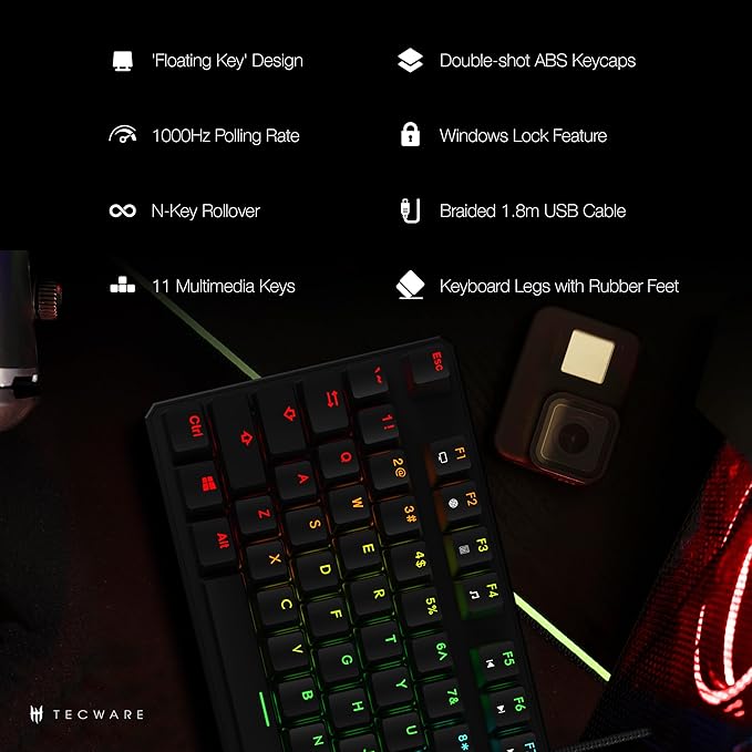 TECWARE Phantom 87 Key RGB Mechanical Gaming Keyboard | Outemu Blue Switch | 16.8M Color LED Lighting | 18 Pre-Set | Low Latency | N-Key Rollover | Software Customizable Keys | Wired USB Connection
