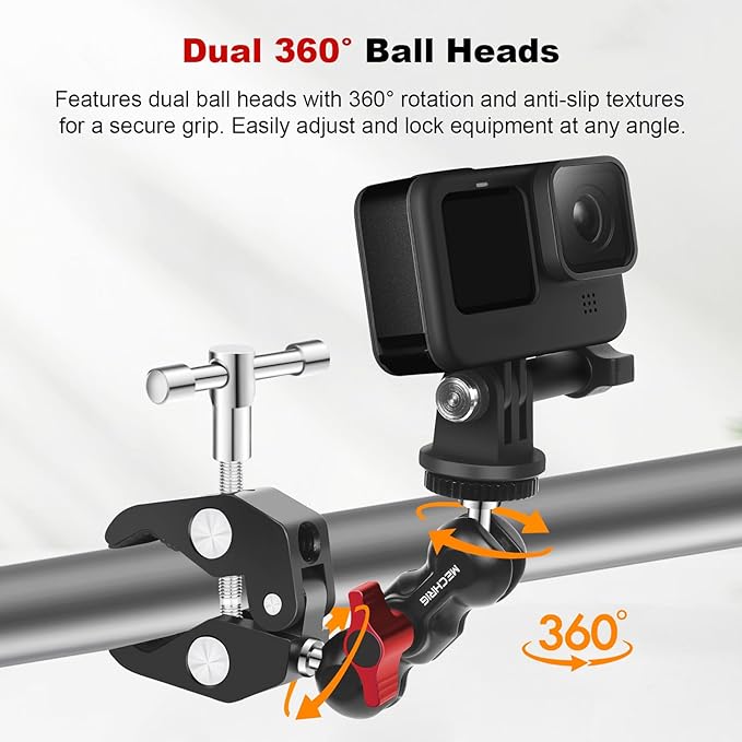 Mechrig Camera Clamp Mount with Dual Ballhead Magic Arm, Aluminum Camera Mount Super Clamp Kit for DSLR Action Camera/Phone/Monitor/LED Light/Microphone, for Desk/Tripod/Tube/Crossbar (SY001)