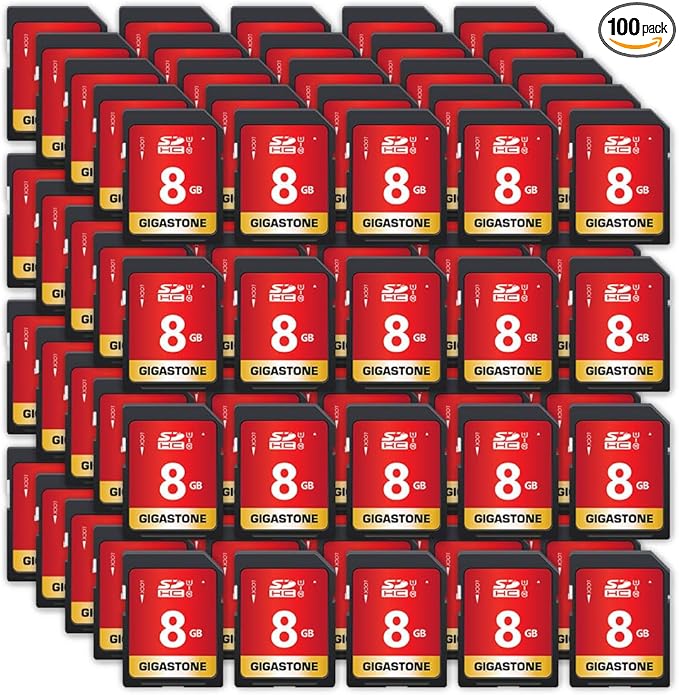 GIGASTONE 8GB SD Card 100-Pack UHS-I U1 Class 10 SDHC Memory Card Full HD Video Kodak Olympus Digital Camera, with 100 Mini Cases