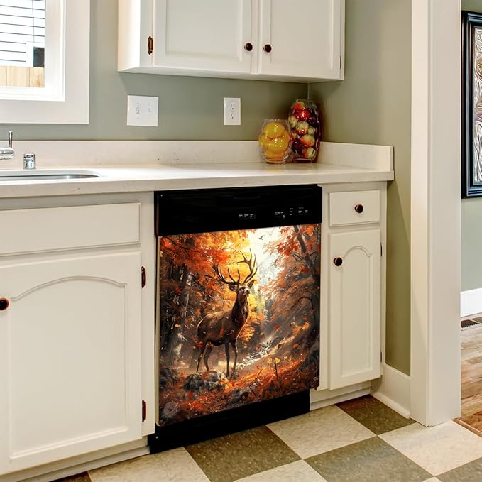 Autumn Forest Deer Dishwasher Magnet Cover for The Front Magnetic Dishwasher Door Covers Dish Washer Sticker Wrap Home Decorative Appliances Panel Decal Kitchen Decor 23" x 26" (Magnetic)