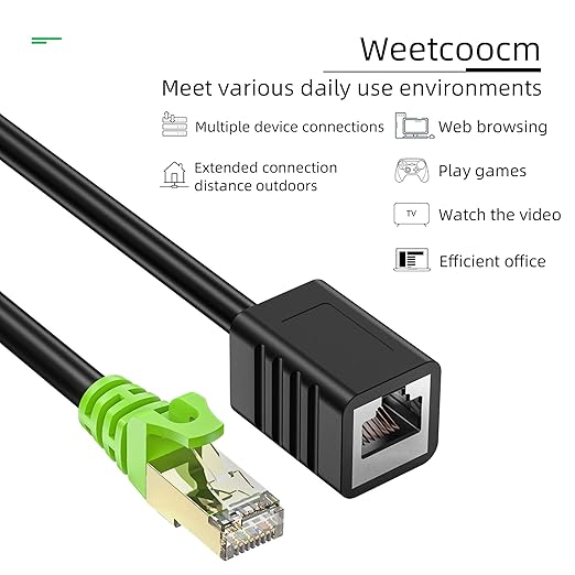 Weetcoocm Ethernet Extension Cable 20ft, Network Cat6a Extension Patch Cable RJ45 Cords Shielded Male to Female Connector (20FT)