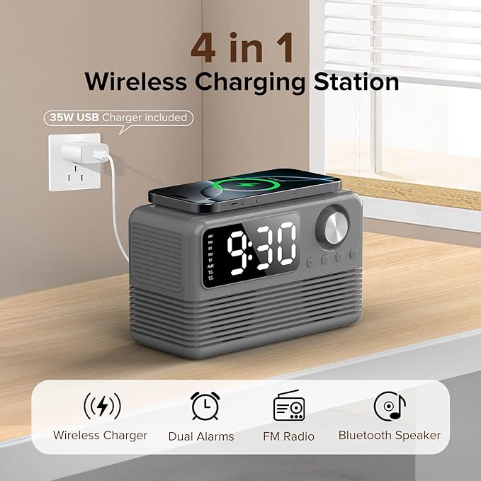 FlyShow 15W Fast Wireless Charger with Bluetooth Speaker and Alarm Clock Radio,4 in1 Wireless Charging Station for iPhone,Android Phones with FM Radio for Bedroom