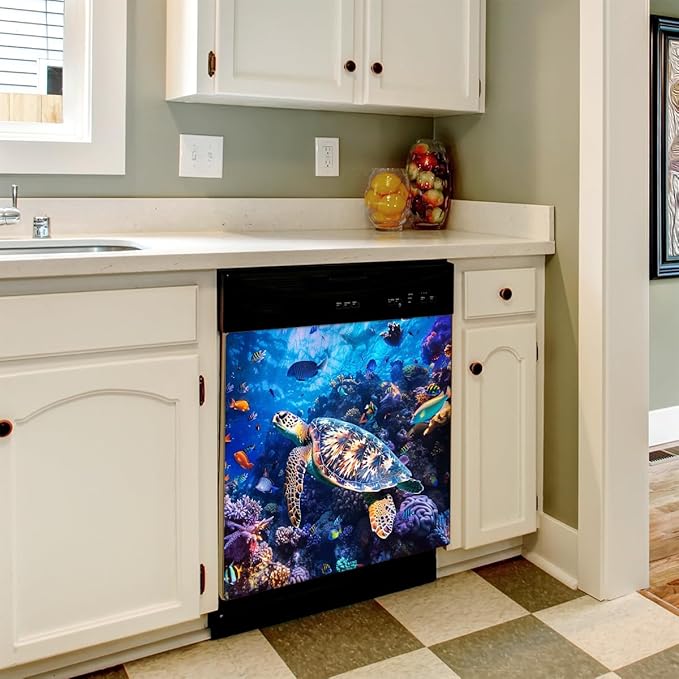 Ocean Fish Turtle Dishwasher Magnet Cover Decorative Refrigerator Covers Magnetic Reusable Dishwasher Door Cover Kitchen Appliance Sticker Cover 23x26Inch