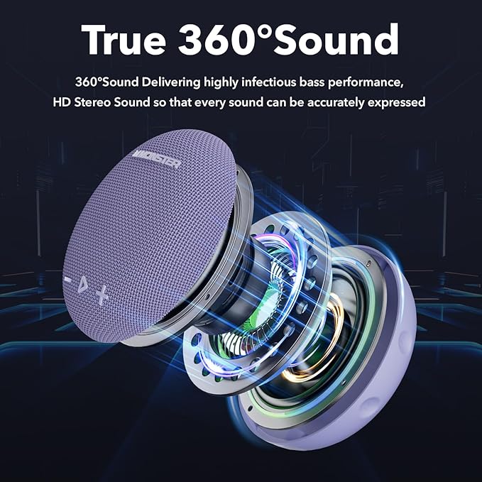 Monster IPX8 Shower Speaker Waterproof, Bluetooth 5.4 with Loud HD Sound and Robust Bass Portable Wireless Outdoor Speakers