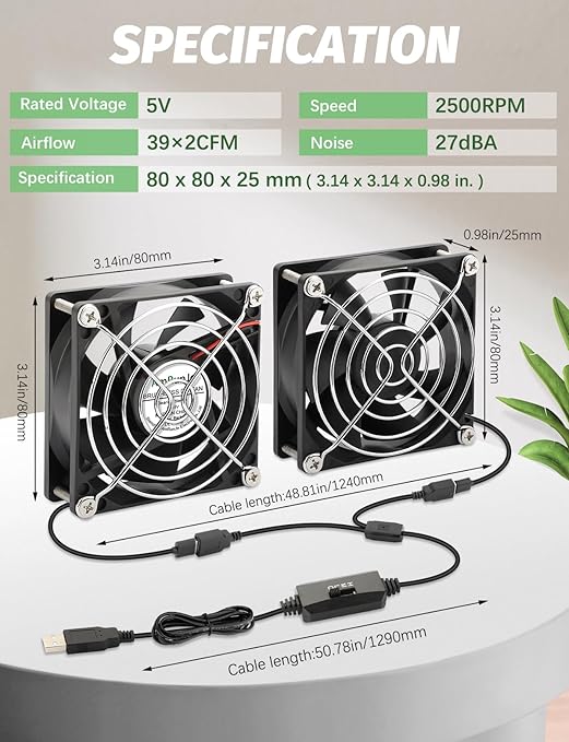 AmRunJe 80mm x 25mm USB Fan 2 Packs 5V Small Computer Case Fan with Speed Control for CPU Xbox PlayStation Router Entertainment Cabinet 3D Printer