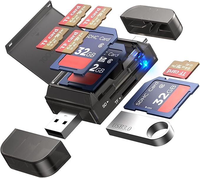 6-in-1 SD/TF Card Reader Adapter with SD Card Storage USB A & Type C Port & USB 3.0 Slots for Micro SD/SDHC/SDXC/MMC Memory Cards, Compatible with PC, MacBook, Chromebook, Android Phone, i-Phone