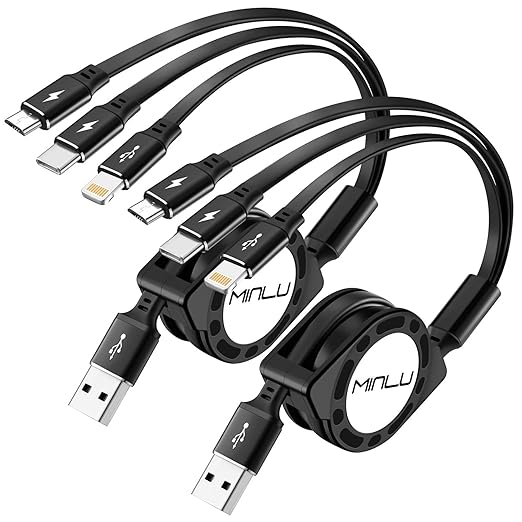 MINLU Multi Charging Cable 3A, 2Pack 4ft Retractable Multi Charging Cord 3 in 1 Charging Cord, USB C Charger Adapter with Lightning/Type C/Micro USB Ports for Cell Phones/iPhone/Samsung/PS/Tablets